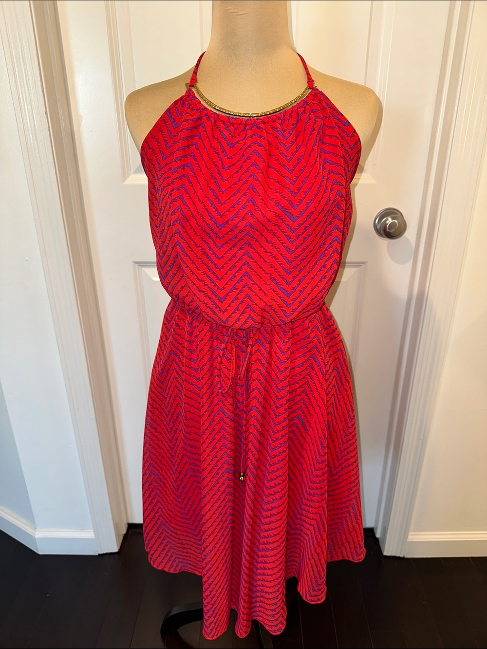 City Studio Pink & Purple Halter Mini Dress with Gold Neck Piece on Trim